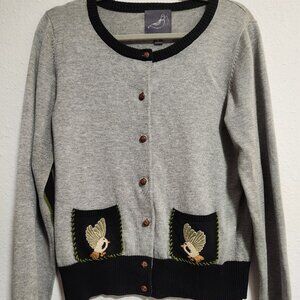 Anthropologie Kitted Dove | Gray Black Bird Crew Cardigan Sweater Rare Large